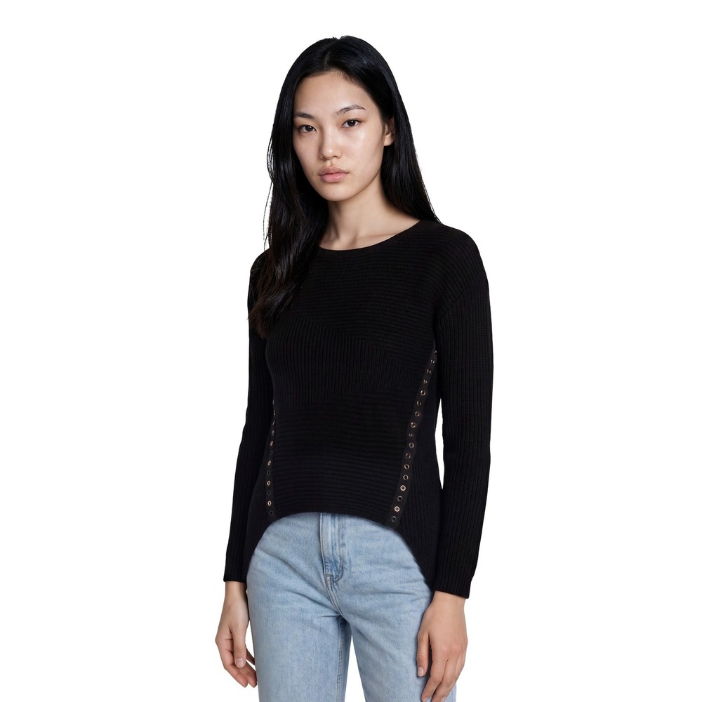 Bar III Sweater Women's Size XS Black Ribbed Grommet Wool Blend‎ Moto Top